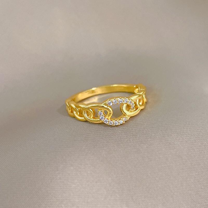 Real Gold Light Luxury Chain Full Diamond Ring Opening Adjustable Simple Jewelry Japanese Ring Couple Ring