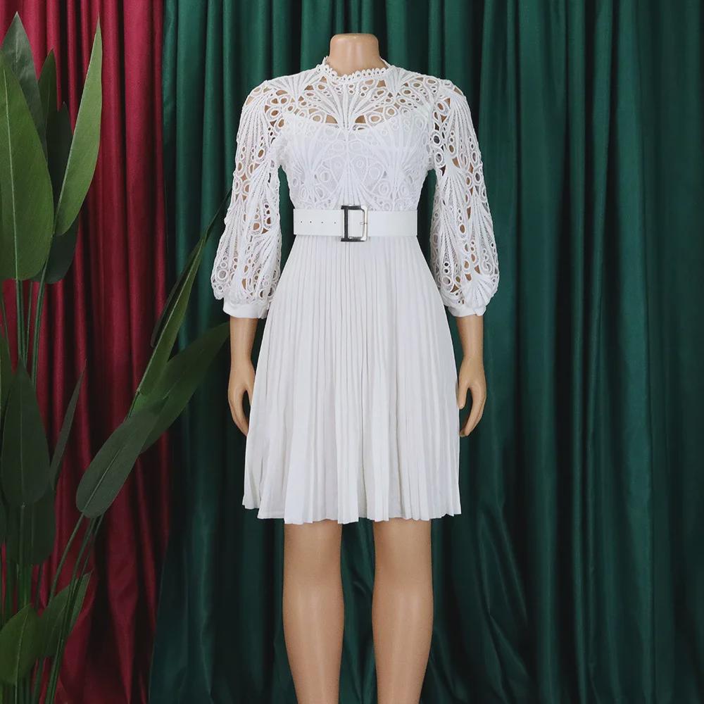 2024 Pure Color Lace Hollow Pleated Women's Dress - European and American Style