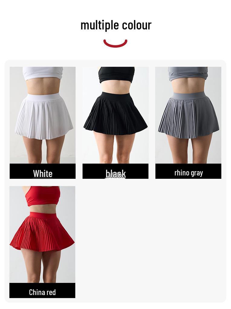 In-Stock High Waist Pleated Athletic Skort with Anti-Exposure and Quick-Drying Features, Side Pockets, and Midi Length