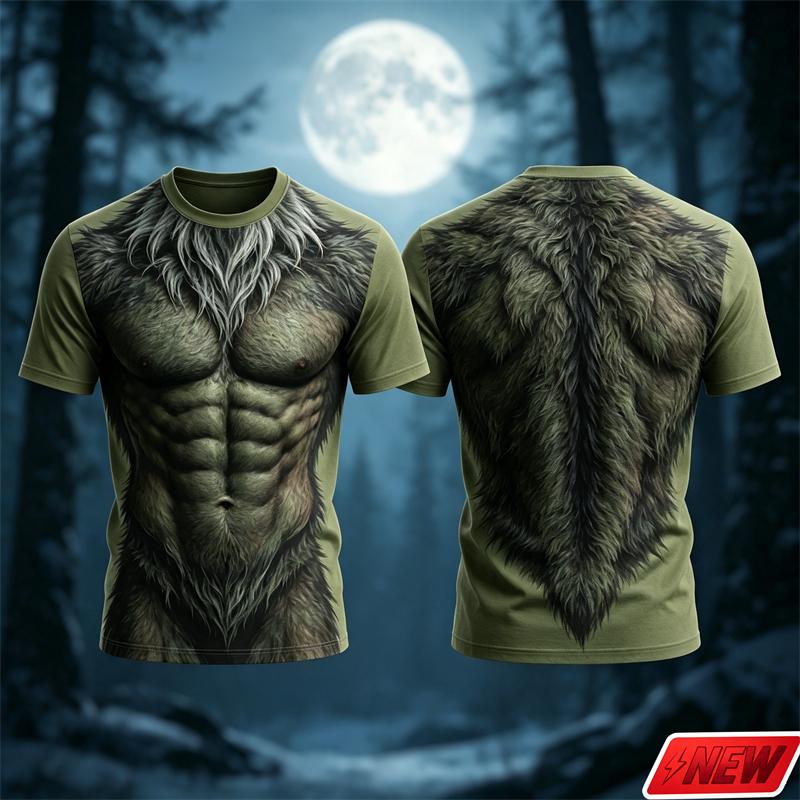 Men 3D Print Fake Wolf Abdominal Muscle Fur Pattern Women's T‑Shirt Fake Hairy Muscle Graphic Short Sleeve Tee Halloween Cosplay Tops