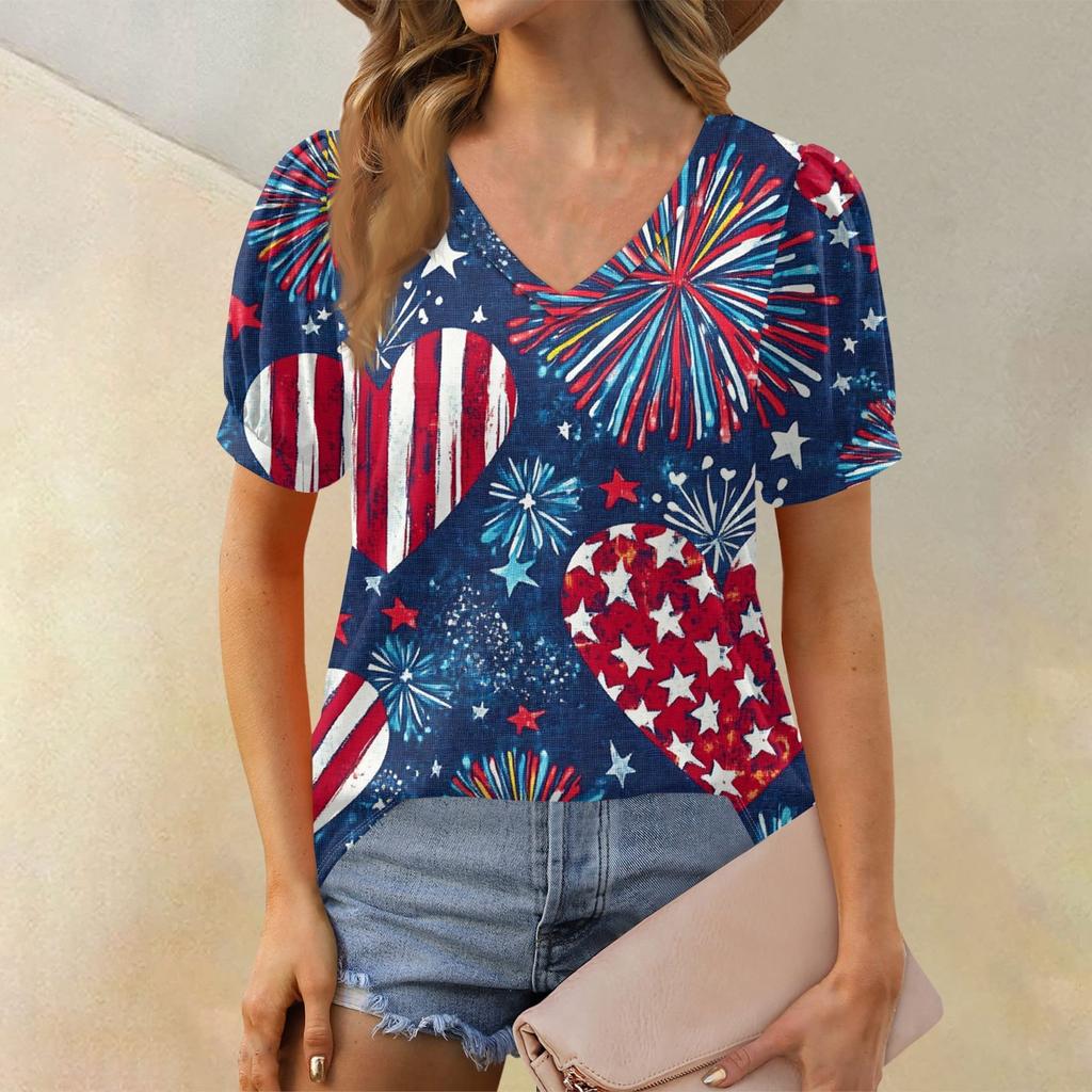 Women's Fashion Independence Day Print Top Puff Short Sleeve V-neck T-shirt Loose Casual T-shirt