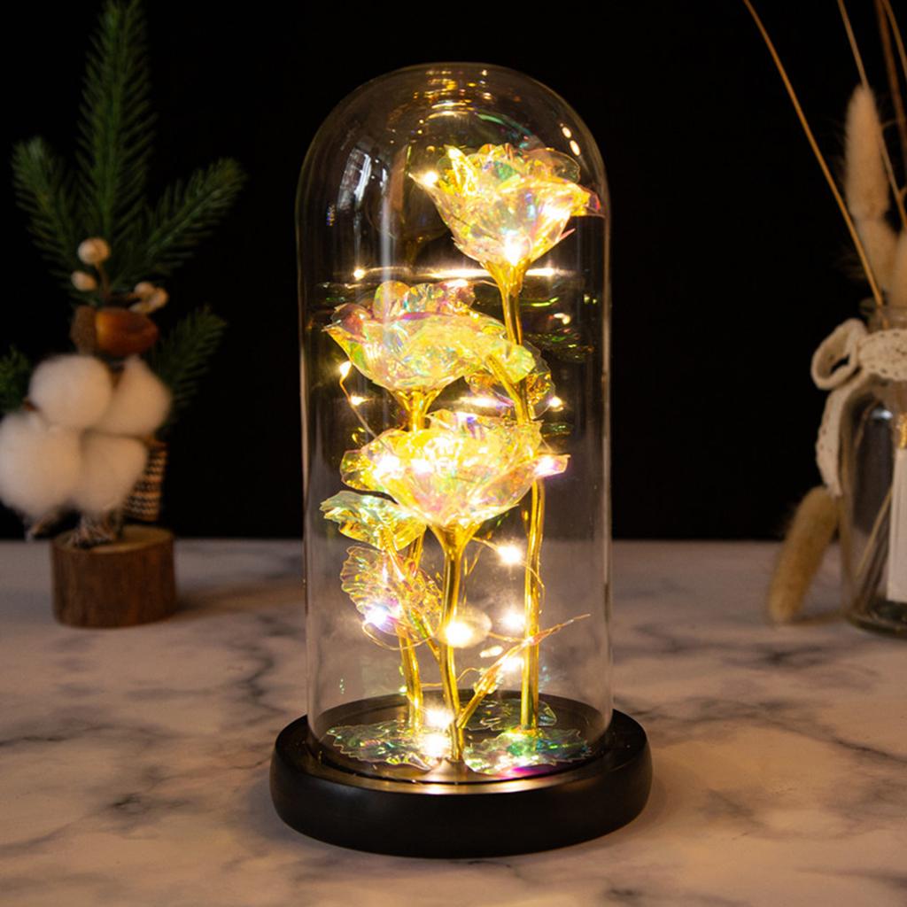 LED Rose Light Rose in Glass on Wooden Base Artificial Rose Flower Light Preserved Rose with LED Light