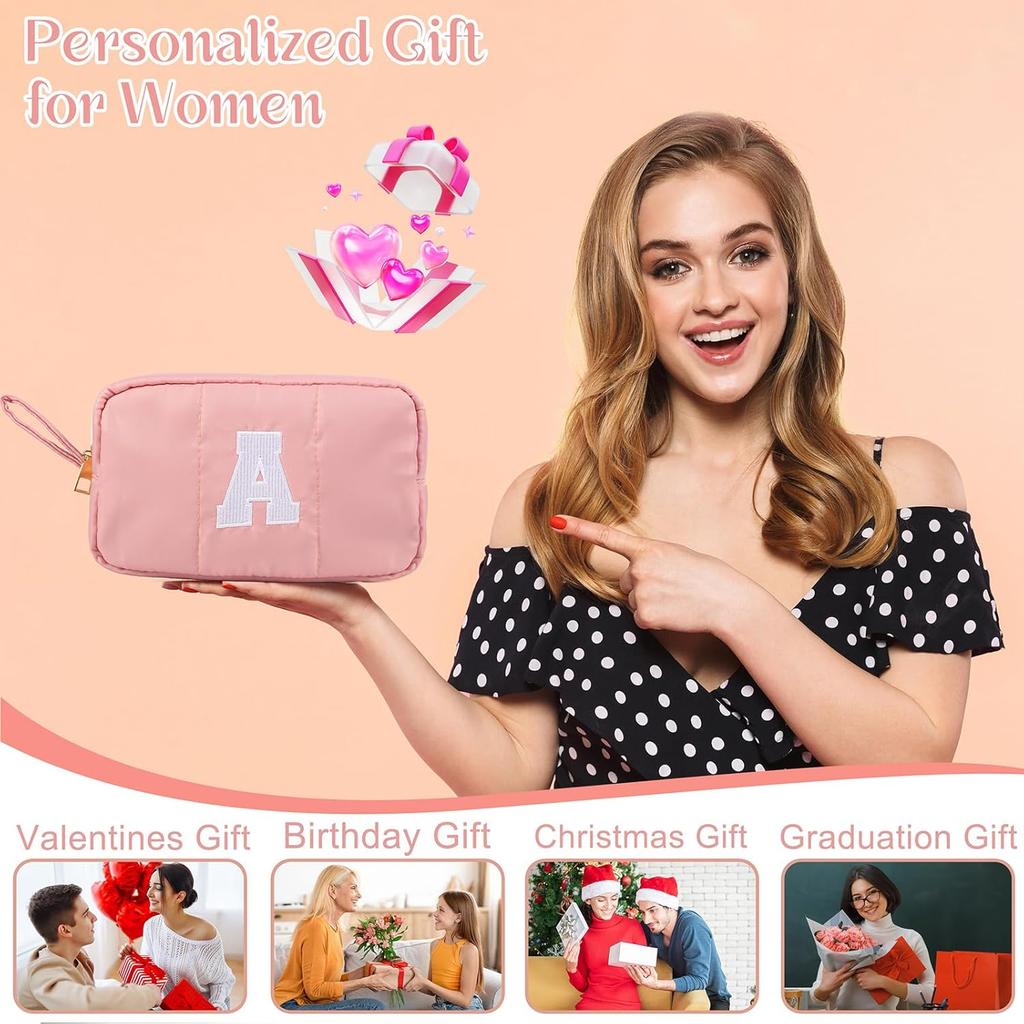 Puffy Makeup Bag for Women, Initial Cosmetic Bag, Cute Travel Toiletry Bag, Puffer Make Up Organizer Bags with Compartments, Personalized Gifts for