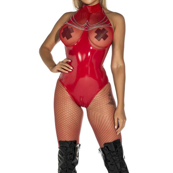 Nadměrná velikost Trendy Pohodlné ženy Umělá lesklá kůže Prsa Zip Bez rukávů Síťovaná sexy body v rozkroku