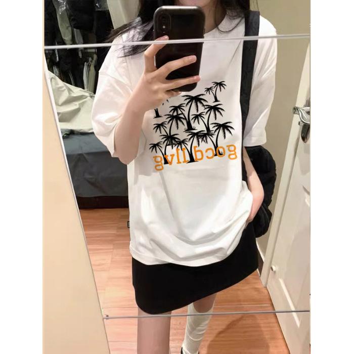 

Крутая футболка Sa Style женская с превосходным чувством из плотного хлопка, с американским плечом, с принтом кокосовой пальмы, с коротким рукавом S