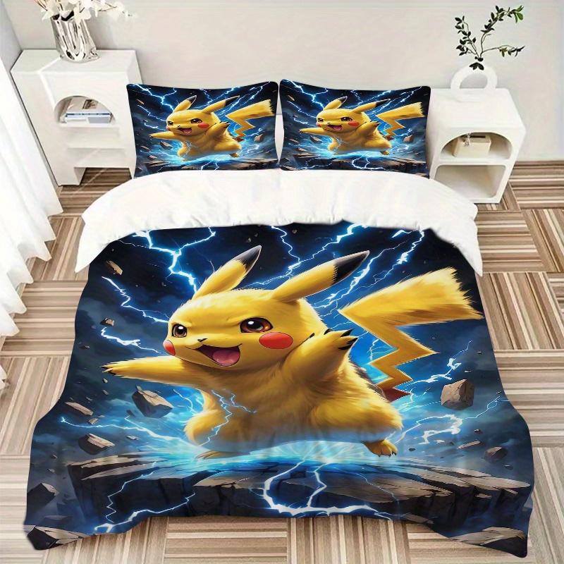 3pcs Pikachu Lightning Themed Quilt Set - Soft and Comfortable Bedroom, Guest Room and Dorm Decor Bedding Set 1 Quilt Cover + 2 Pillowcases.