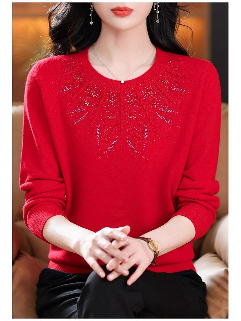 Premium Plus-Size Women's Pure Wool Sweater: Autumn/Winter Low Round Neck for Middle-Aged & Elderly