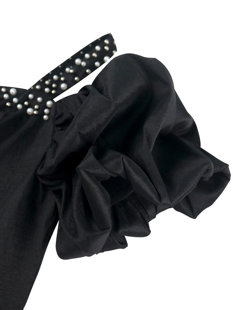 Black Off Shoulder Mini Dress with Puff Sleeves Rhinestone Decorated Straps 3D Flower Embroidered Flares Hip Bodycon for Party