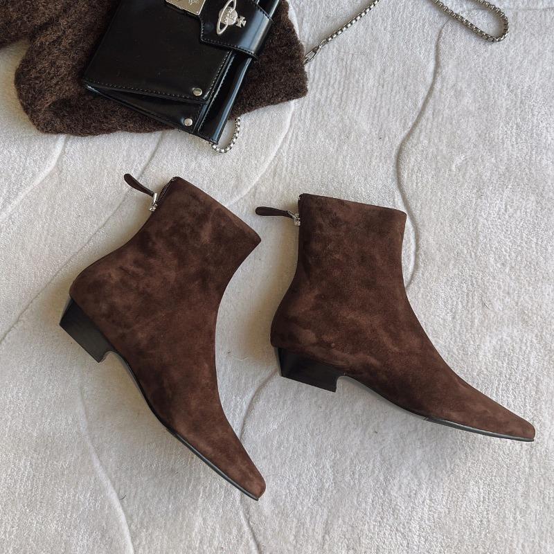 

New autumn and winter zipper retro brown suede small ankle boots thin boots square head thick heel short boots women 35