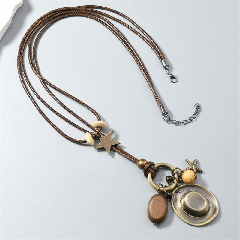 Western Styles Long Chain Necklace Artisanal Crafted Wax Cord Alloy Pendant Wooden Bead Accents Retro Fashion Accessory