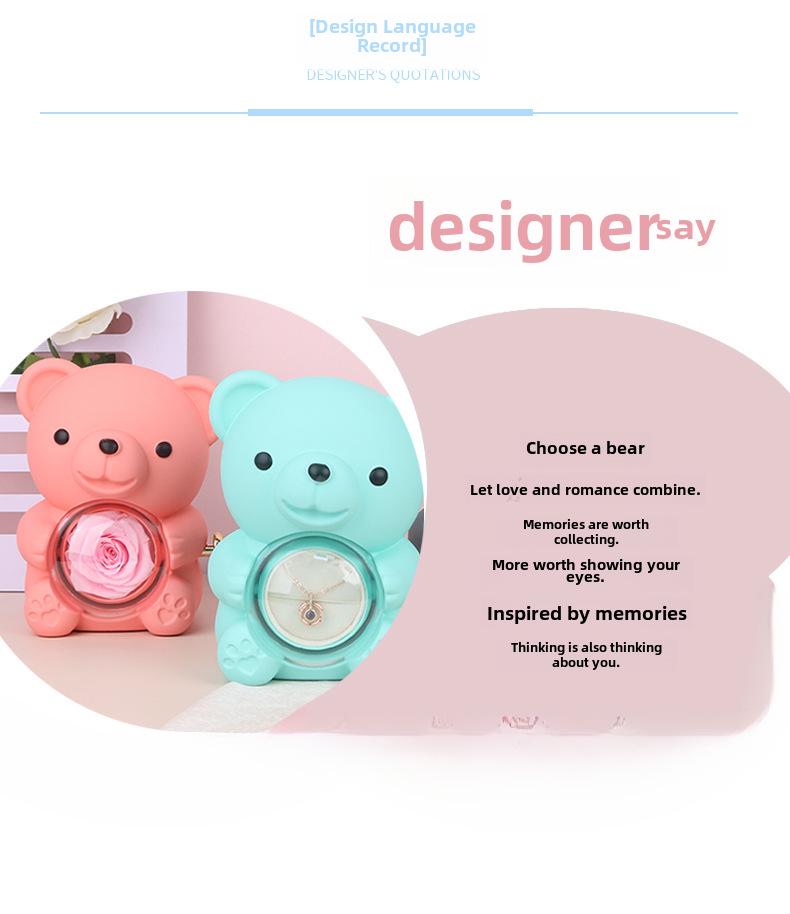 Rotating Bear Rose Jewelry Box - Everlasting Flower Gift Box with Rotating Rose for Rings and Necklaces