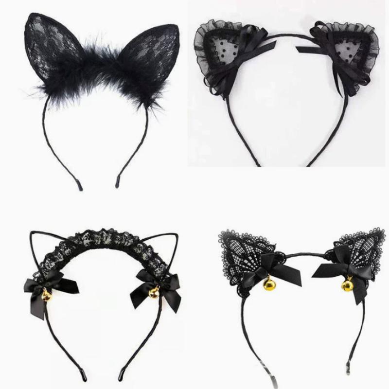 Sexy Diadema Blanca y Negra con Orejas de Gato Biselada Encaje Hueco Dulce para Mujeres Niñas Fiesta Diaria Mascarada Cosplay Decoración