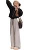 Petite Fleece-Lined Black & White Striped High-Waist Wide-Leg Pants for Women - Autumn/Winter