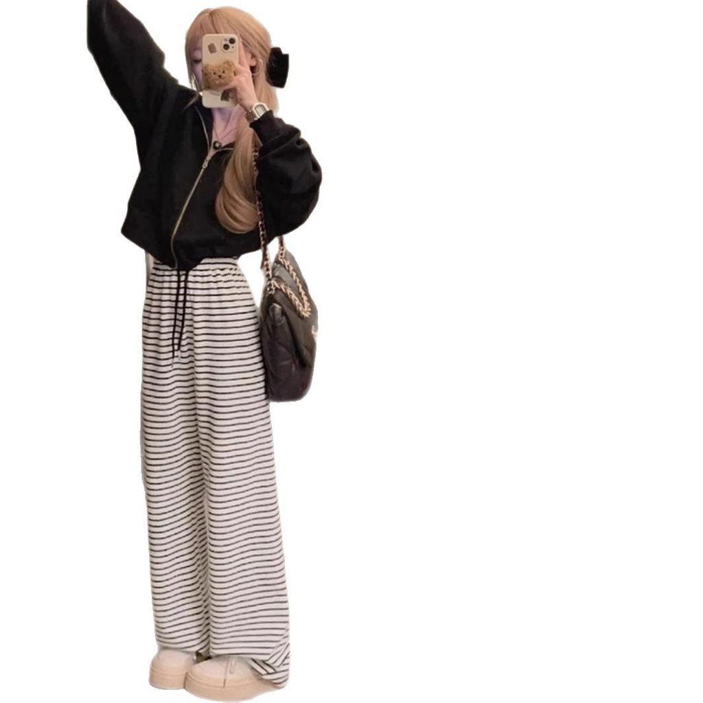 Petite Fleece-Lined Black & White Striped High-Waist Wide-Leg Pants for Women - Autumn/Winter