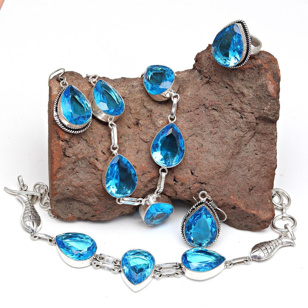 Topaz Blue London Jewelry Set Gemstone Necklace Gift Sterling