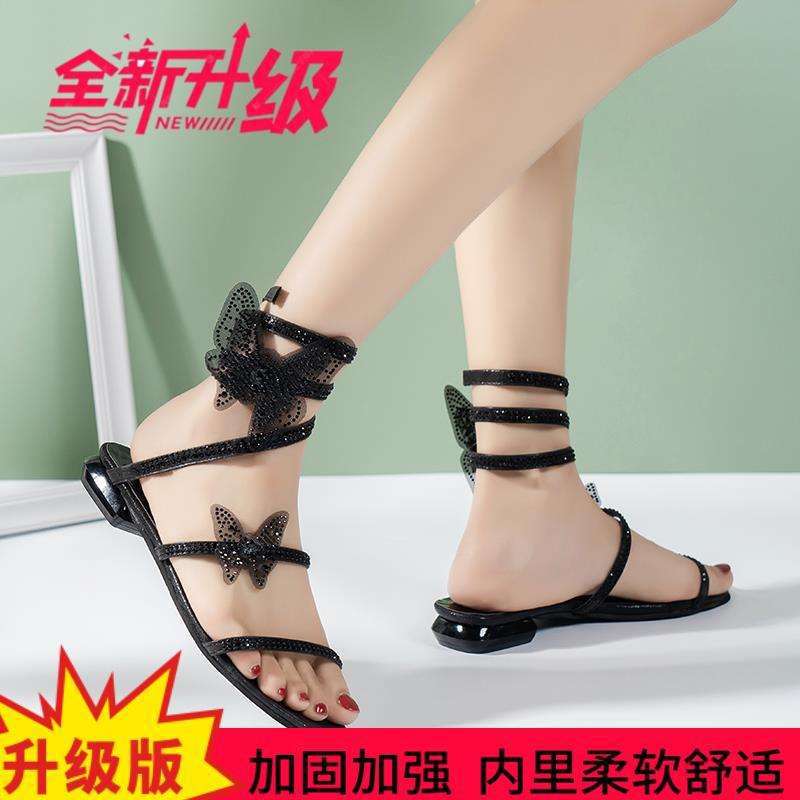Rhinestone Serpentine Winding Sandals Female Flat Bottom One Word with Low Heel Explosion 2025 New Fairy Wind Roman Crystal Shoes