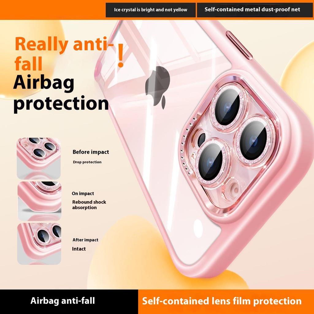 For iPhone 16 Pro Max Case PC+TPU Clear Phone Cover with Glitter Camera Lens Film