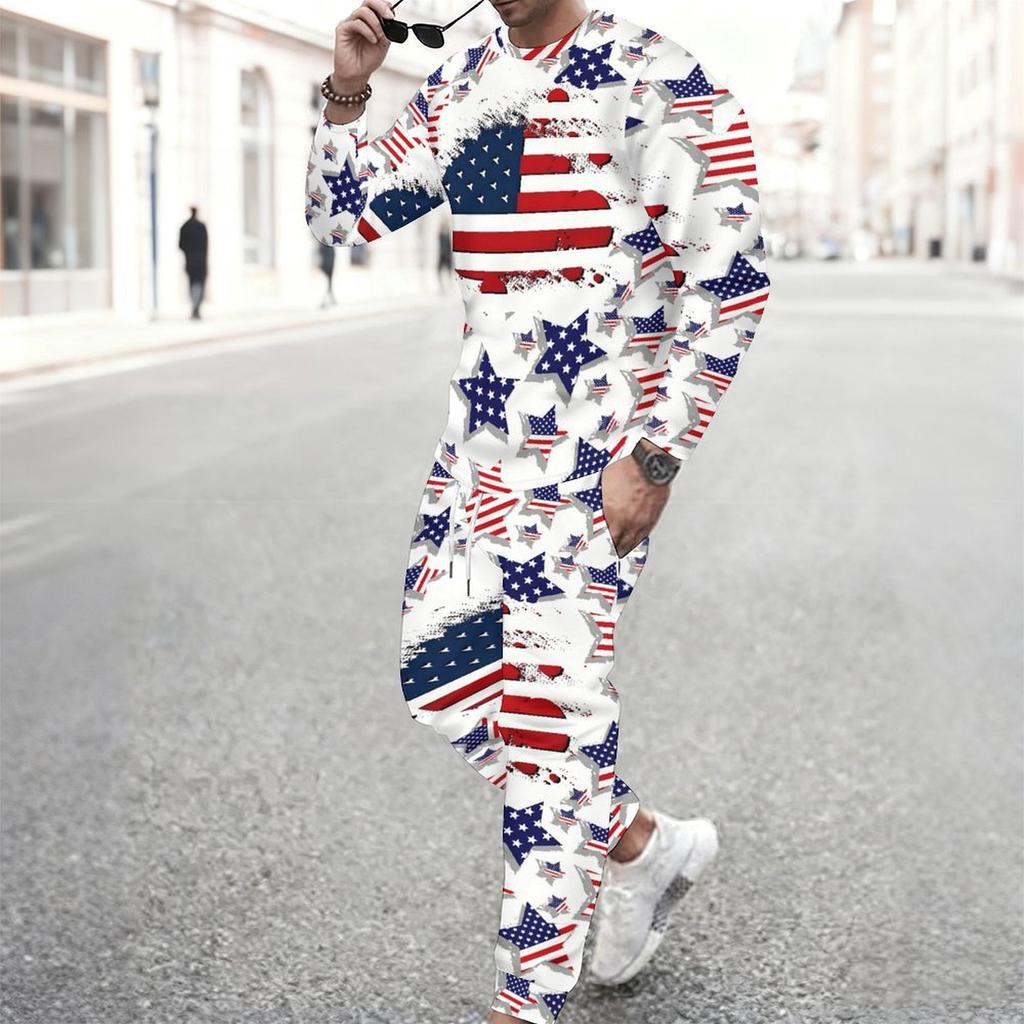 Men White All Over Mini American Flag Star Print Long Sleeve Sweatshirt And Drawstring Jogger Pants Two Piece Suit