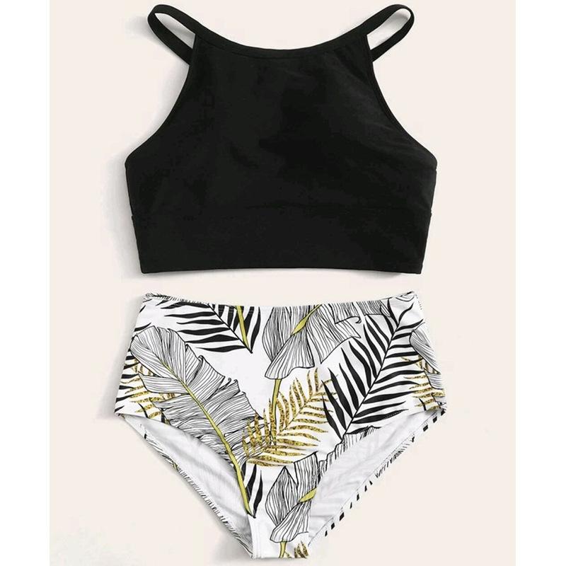 New split swimsuit women's solid color vest-style bra high waist printed briefs hip-wrapped swimsuit