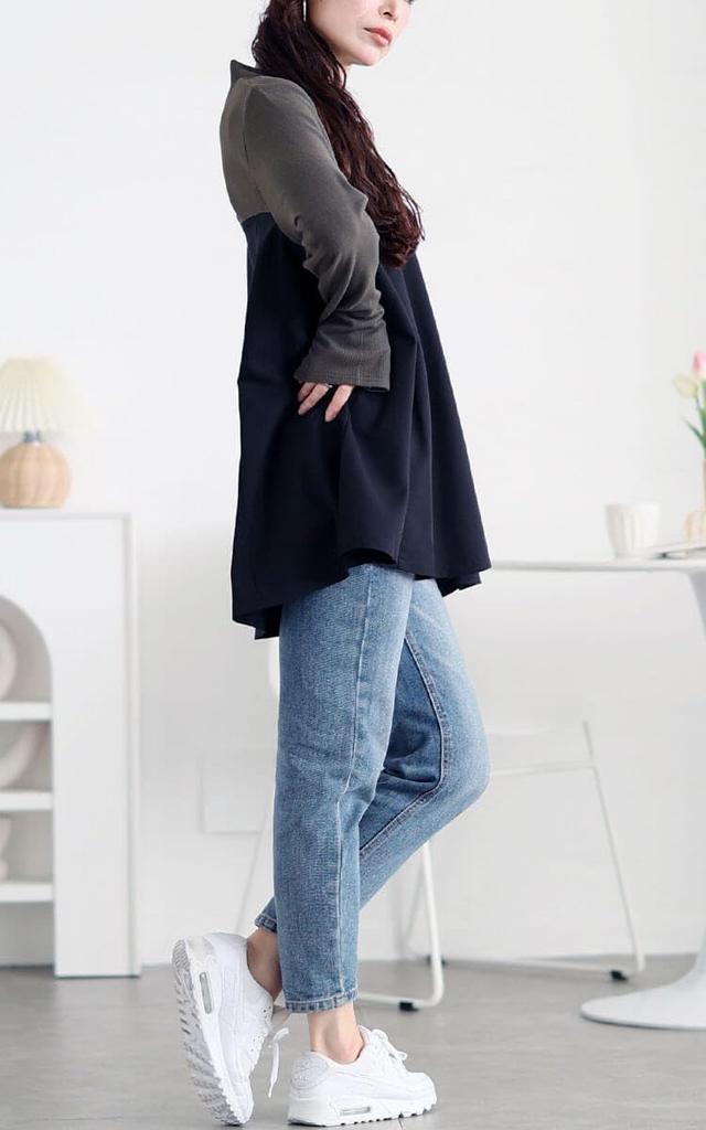 Gold Japan Plus Size Long Stretch Winter Charcoal Women's Tunic, Sleeve, V-Neck, Docking, Bustier, Ribbed, Outfit, Fall/Winter/Spring, Maru-30093, 4L,