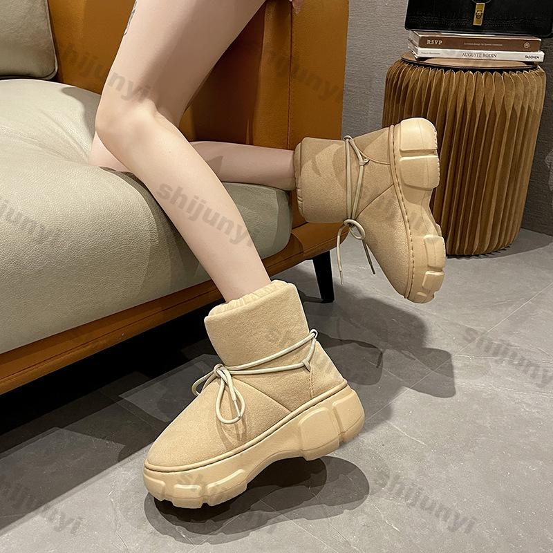 Fashion Women Thickened Plush Fur Warm Thick Bottom Snow Cotton Boots Women Outdoor Solid Color Winter Plush Warm Fluffy Platform Shoes