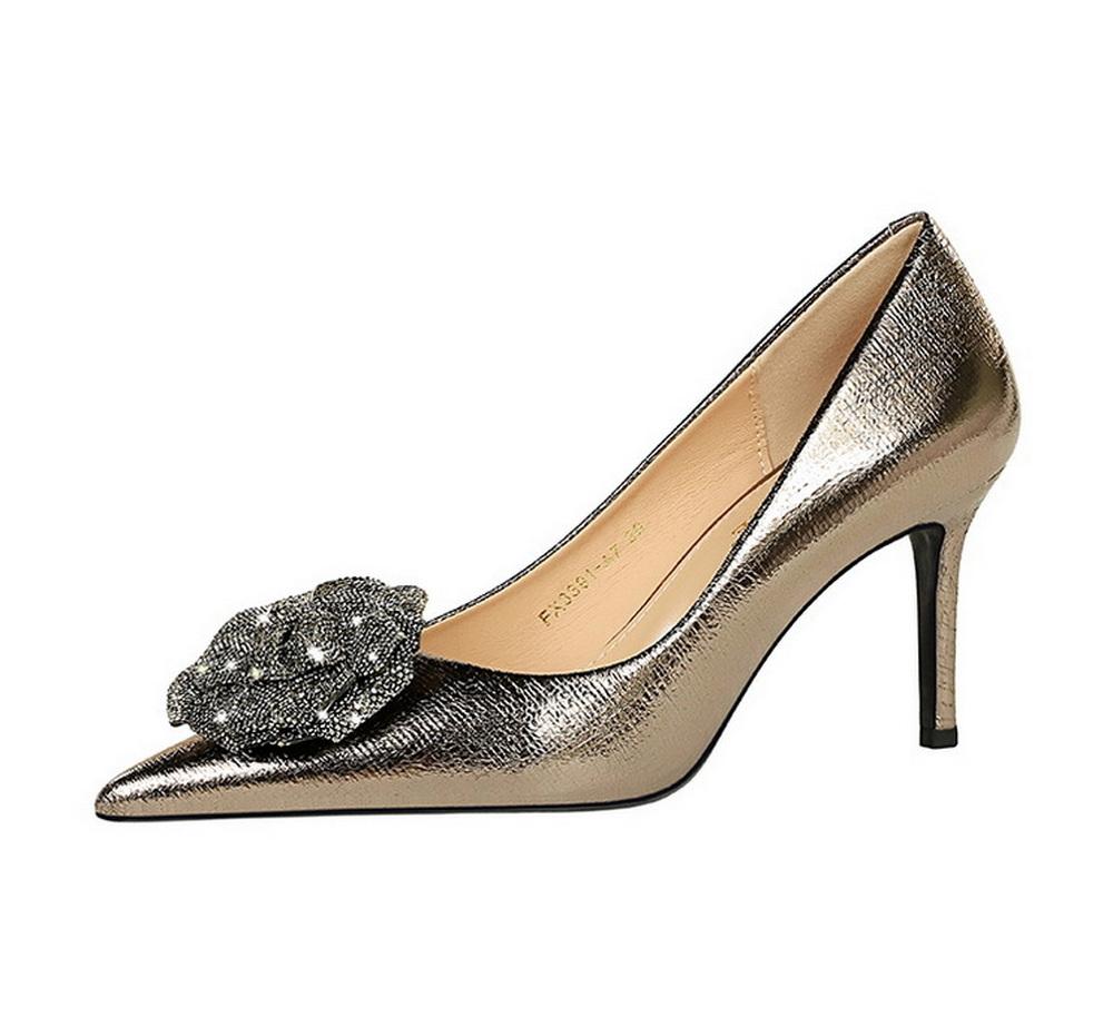 FHC 2025 New Spring Office Work Shoes,Women Pumps,Rhinestone FlowerHigh Heels.Pointed Toe,Slip On,Black,Silver,34-42,Dropship