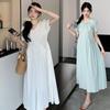 2026 Summer V-Neck Maternity Dress with Puff Sleeves - Slimming Design