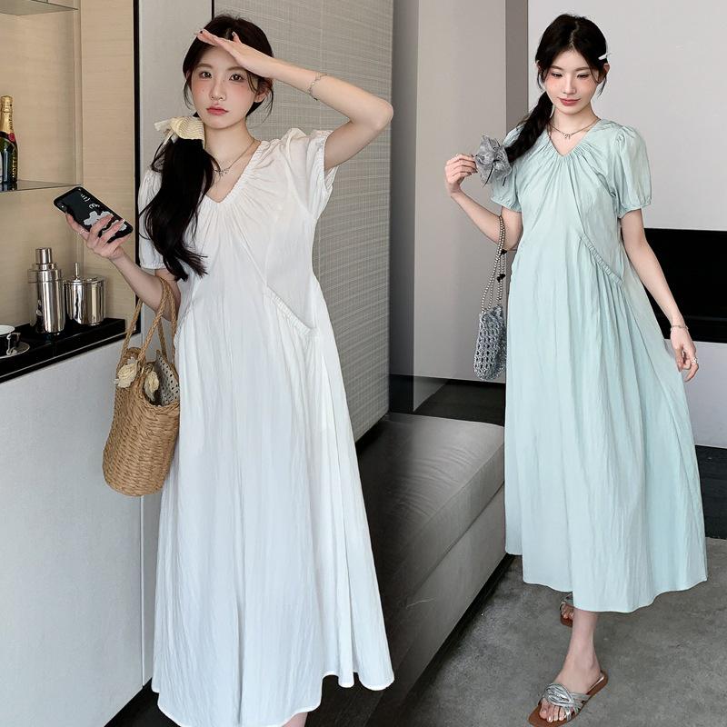 2026 Summer V-Neck Maternity Dress with Puff Sleeves - Slimming Design