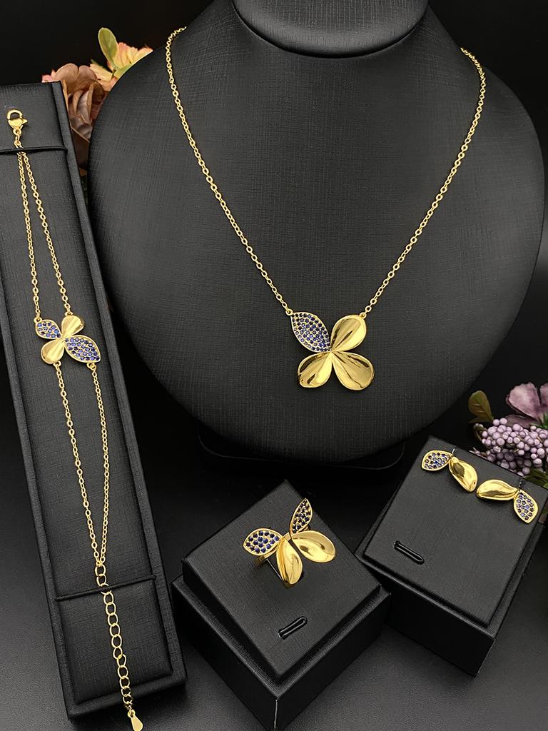 Flora Four-Leaf Clover Necklace Set for Women Copper Cubic Zirconia Plated Jewelry Wedding Gift with Gift Box
