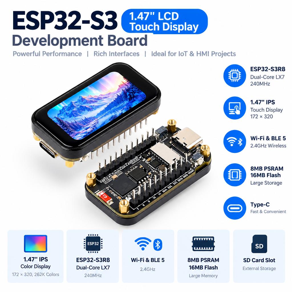 ESP32-S3 Development Board with Dual-Core LX7 240MHz Processor 1.47inch IPS Touch Screen Wi-Fi BLE5 Type-C Interface