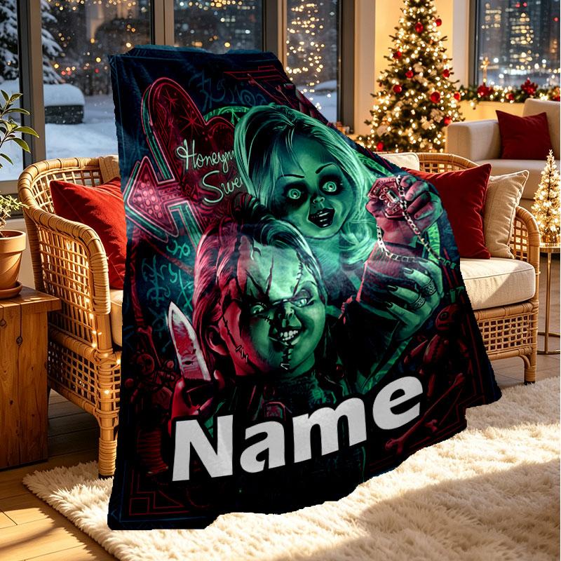 Custom Name Personalized Horror Theme Chucky Print Blanket, Home Decor, Bedroom, Sofa, Camping, Couch, Gifts for Birthday Christmas