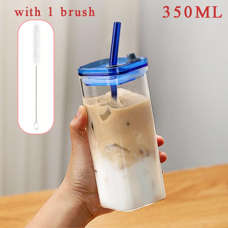 Tasse à café/thé en verre carré 350 ml, bouteille à paille en verre borosilicaté résistant à la chaleur, avec couvercle, paille et brosse de nettoyage