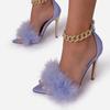 2025 New Pointed Toe Shallow Furry Women Thin High Heels Metal Buckle Chain Decoration Sandals Outdoor Footwear Female