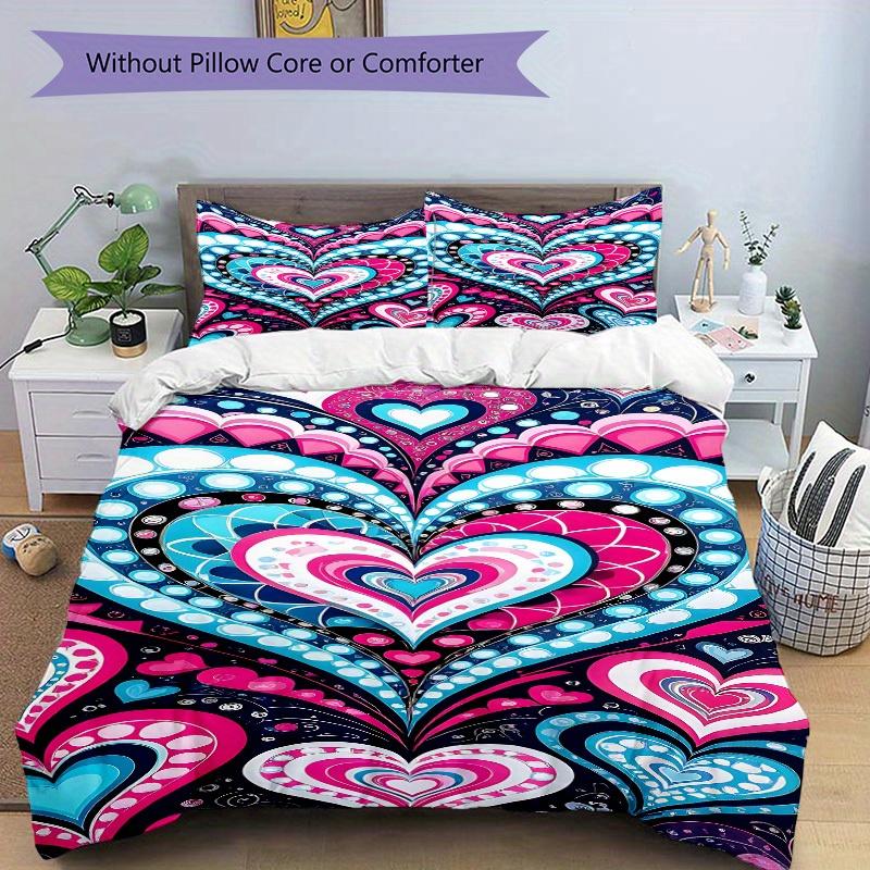 3Pcs Heart-patterned fabric Printed Bedding Set, Breathable And Soft, Machine Washable, Christmas Gift, Suitable for Bedroom Decoration, 15166