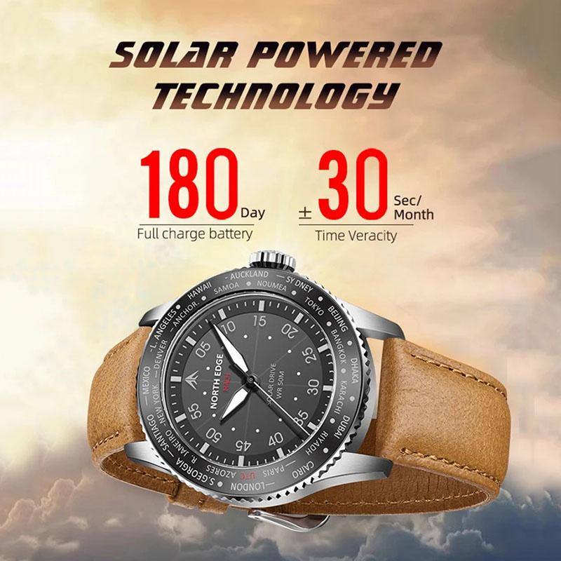 NORTH EDGE MACH Solar Power Quartz Watch Men Waterproof 50M Men's Pilot Sports Wristwatches Luminous Enviormentally Clock