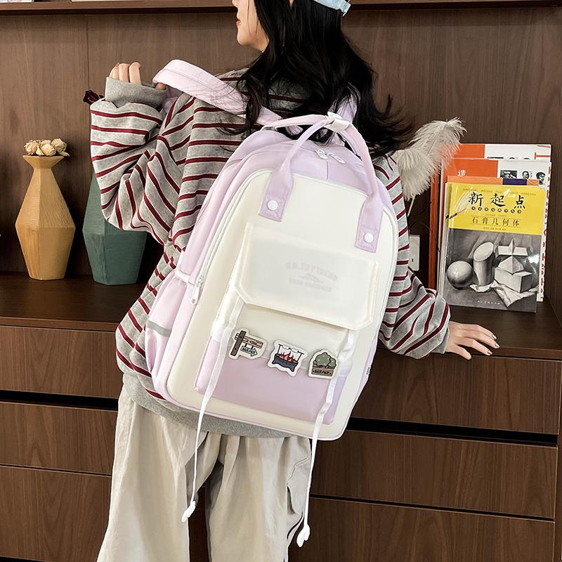 Women's Color Block Backpack Large Capacity Middle School Student Schoolbag