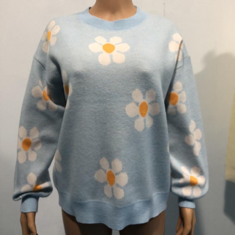Höst Vinter Rundhals Stickad Pullover Tröja Dam Mode Söt Långärmad Lös Tröjor Dam Krysantemumtryck Varma Stickade Toppar 24638
