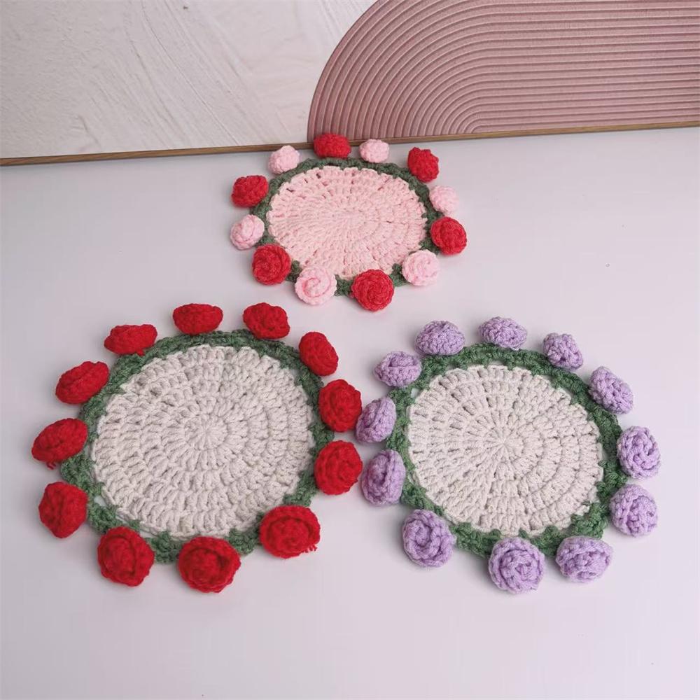 Rose Bouquet Coaster Crochet Flower Placemat Hand Woven Bouquet Cupmat Home Desktop Potted Plant Ornaments Mother's Day Gift
