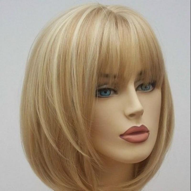Womens Short Straight Bob Wig With Bangs Golden Synthetic Hair Daily Use