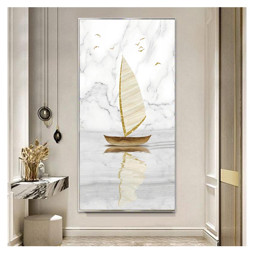 Painting Minimalist Landscape Poster Print Nordic Wall Art Picture Entrance Decoration Abstract Golden Sailing Boat Canvas