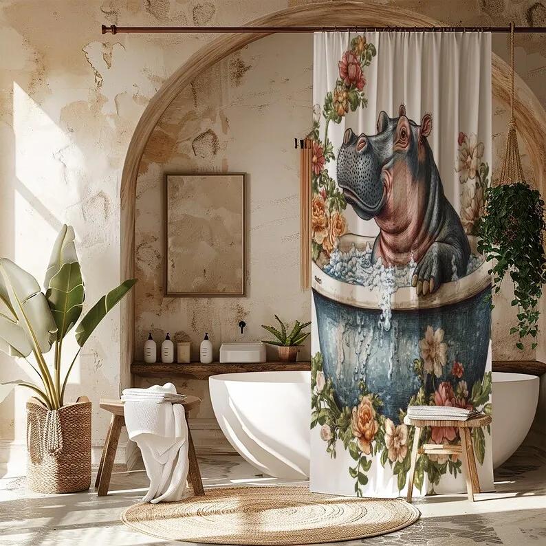 Rolig Hippoduschdraperi - Vattentät, Vintage Blommig Design, Blå Rosa Grön, Badkarsdekor för Lekfull Badrumsstil