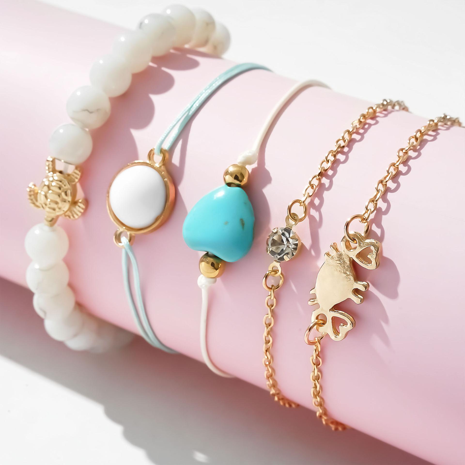 

Женский браслет в богемном стиле с сердечком, черепахой, бирюзовыми бусинами, 5 в 1