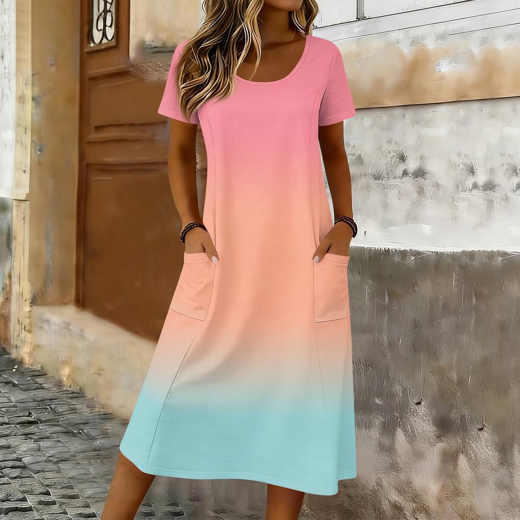 Dames Korte Mouw Gradiënt Print Casual Midi Jurk met Zakken Losse Pasvorm Zachte Stof Ronde Hals Zomerjurk voor Dagelijks Gebruik