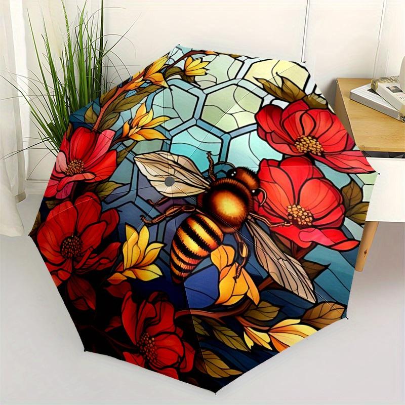 1pc Bee Garden Automatic Open/close Umbrella, 8-Rib Sturdy Structure, Portable Travel Umbrella, Parties, Everyday Use, Outdoor Accessory, Ar