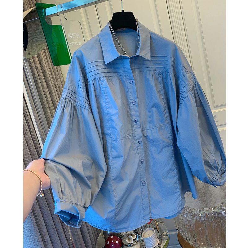 2026 Spring/Autumn Chic Pleated Loose Lantern Sleeve Slimming Top for Women
