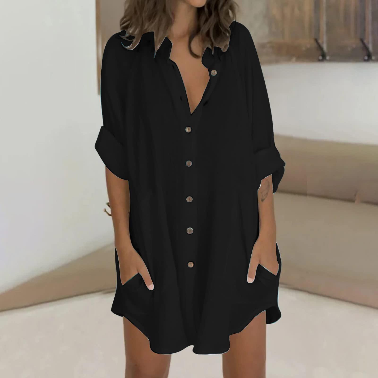 Women s Fashion V-Neck Color Casual Single Breasted Shirt Dresses XXL чёрный