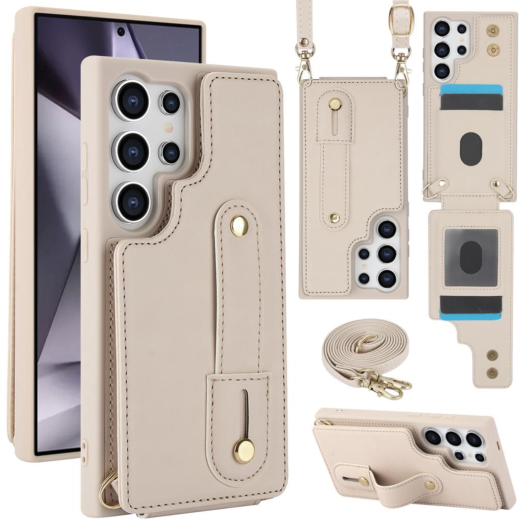For Samsung Galaxy S25 Ultra Deksel Støttefot Kortlommer Lærbelagt TPU-deksel med Skulderstropp