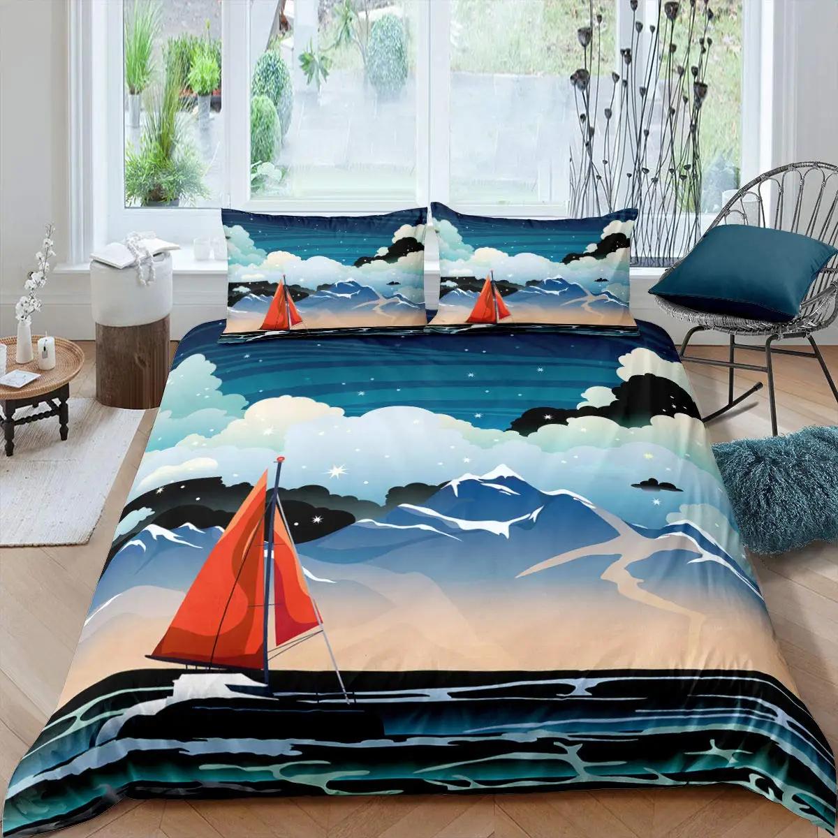 

Nautical King Queen Duvet Cover Dragon Retro Blue Sailboat Rudder Bedding Set Sea Sailboat Comforter Cover Polyester Quilt Cover 70x133cm 2pcs