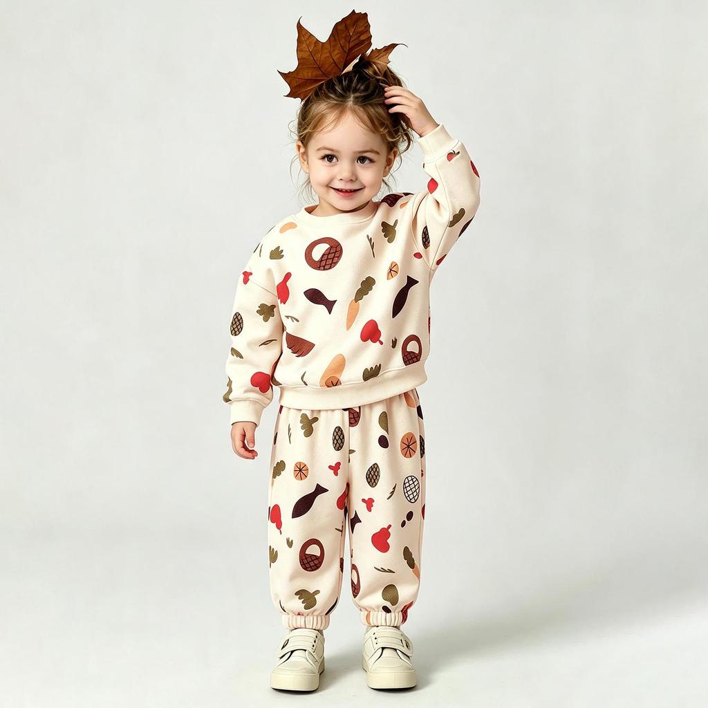 Warm Fleece Lined Baby Clothes Set Cute Round Neck Sweatshirt + Pant Kids Boy Girl Clothing