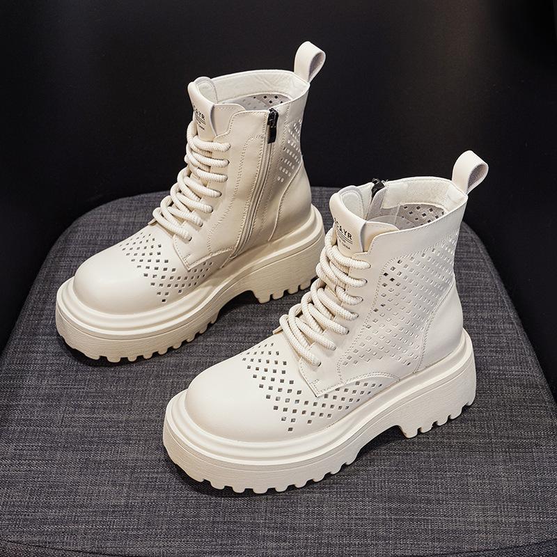 Fashion Boots 2025 Summer Leather Punched Short Tube Workwear Boots British Style Casual Fashion Versatile Women's Boots